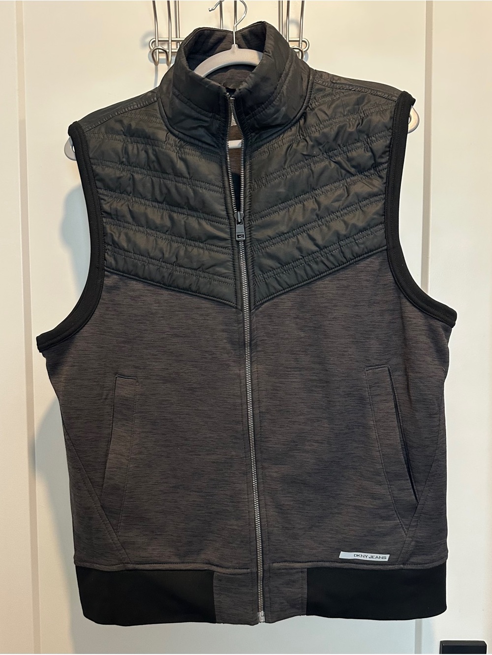 DKNY Men's Black and Charcoal Quilted Hybrid Vest. Size S